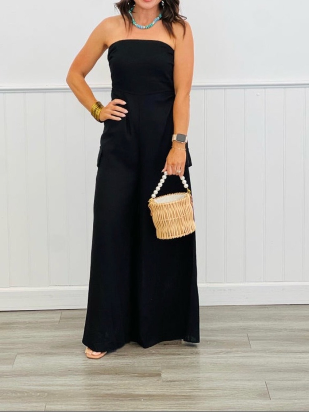 Hyfve Strapless Jumpsuit L Black Tie Back Wide Leg NWOT Boho Beach Lightweight